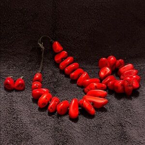 Red Beaded Necklace, Bracelet & Earring Set - Women Jewelry